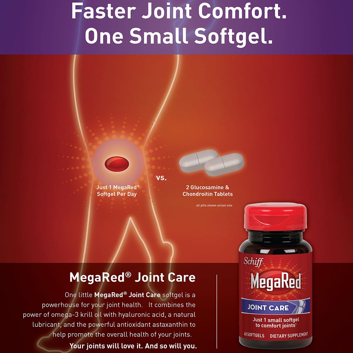 Omega-3 Krill Oil and Joint Supplement - Megared Joint Care 60 softgels - EPA/DHA fatty acids, Antioxidants, Hyaluronic acid, No fishy burp aftertaste as with Fish Oil MegaRed Au supplements