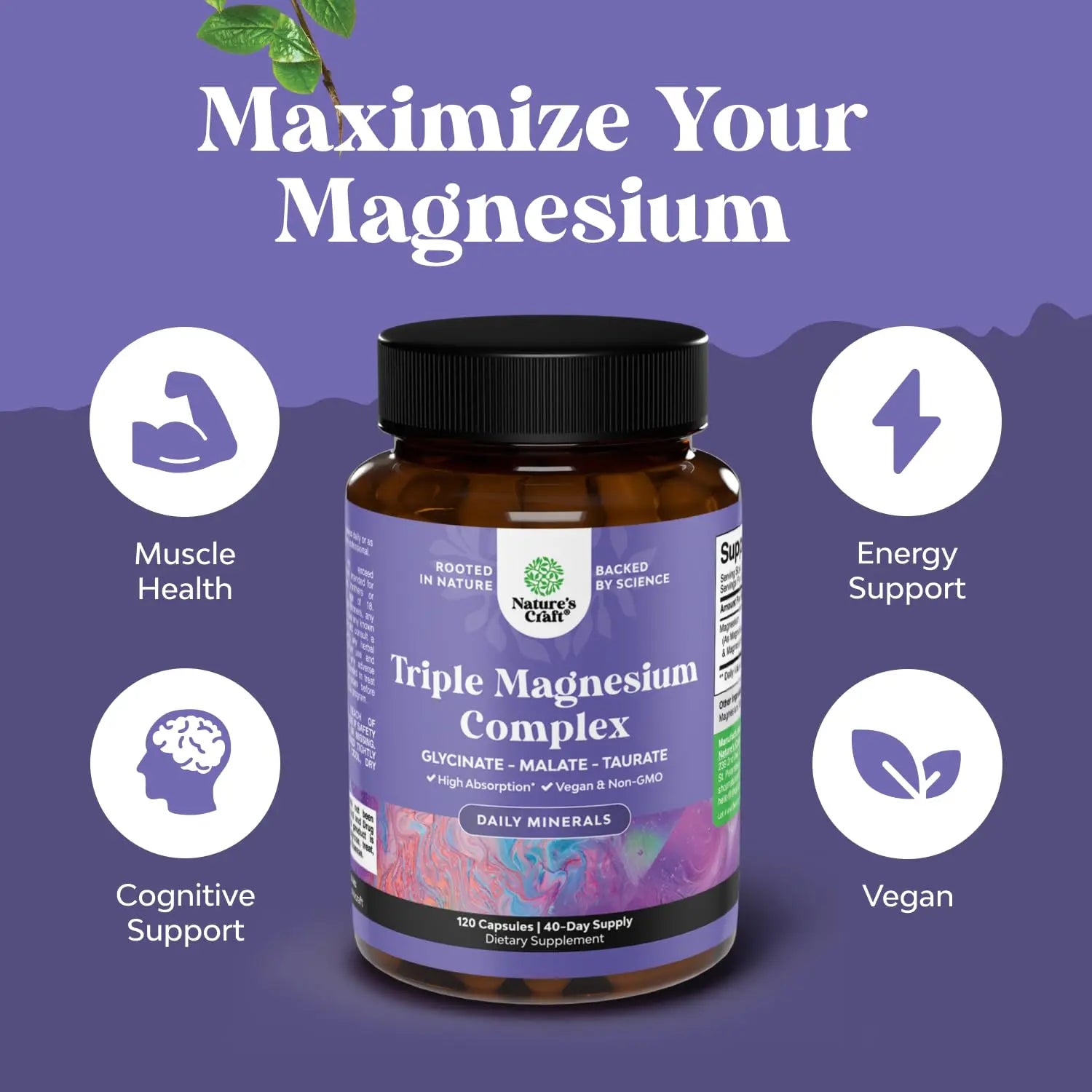 Triple Magnesium Complex Supplement - High Absorption Magnesium Glycinate, Malate & Taurate Blend for Muscles, Energy Support & Heart Health - Triple Mg Complex 400 mg Capsules - 120 Count Natures Craft Au supplements