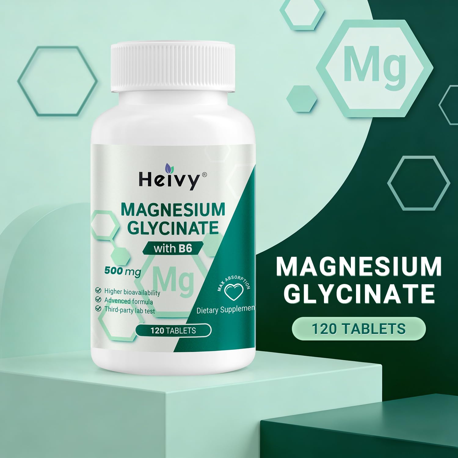 Heivy Pure Magnesium Glycinate 500mg with Vitamin B6, 100% Chelated & Purified Supports Nerve Relife, Sleep Aid & Muscle Support, Vegan & Non-GMO, Made in USA, 3rd Party Tested, 120 Tablets Heivy Au supplements