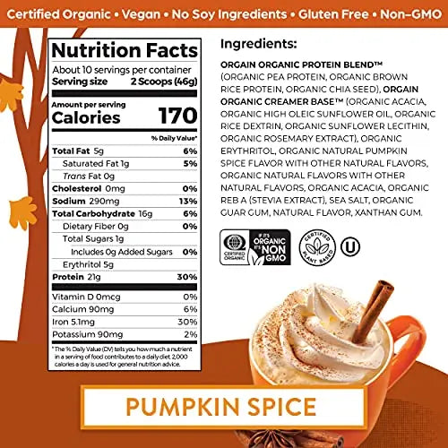 Orgain Organic Vegan Protein Powder, Pumpkin Spice - 21g of Plant Based Protein Orgain Au supplements
