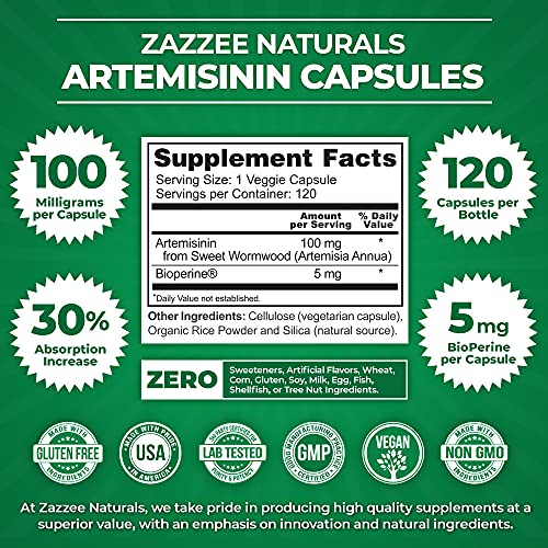 Zazzee High Absorption Artemisinin, 100 mg per Capsule, 120 Vegan Capsules, with 5 mg Zazzee Au supplements
