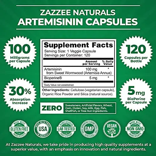 Zazzee High Absorption Artemisinin, 100 mg per Capsule, 120 Vegan Capsules, with 5 mg Zazzee Au supplements