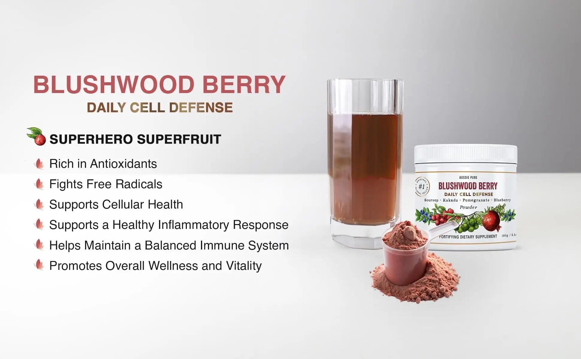 Aussie Pure Blushwood Berry Superfruit Daily Cell Defense - Soursop - Kakadu Plum - Pomegranate - Blueberry - Immune and Cell Support Powder - All Ages - Lab Tested and Authenticated - 180g/6.4oz Aussie Pure Au supplements