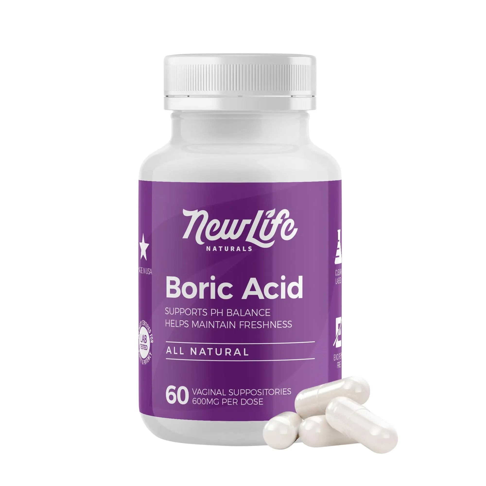 NewLife Naturals - Medical Grade Boric Acid Vaginal Suppositories - 600mg - 100% Pure Womens pH Balance Pills - Yeast Infection, BV - 60 Capsules: Made in USA NewLife Naturals Au supplements