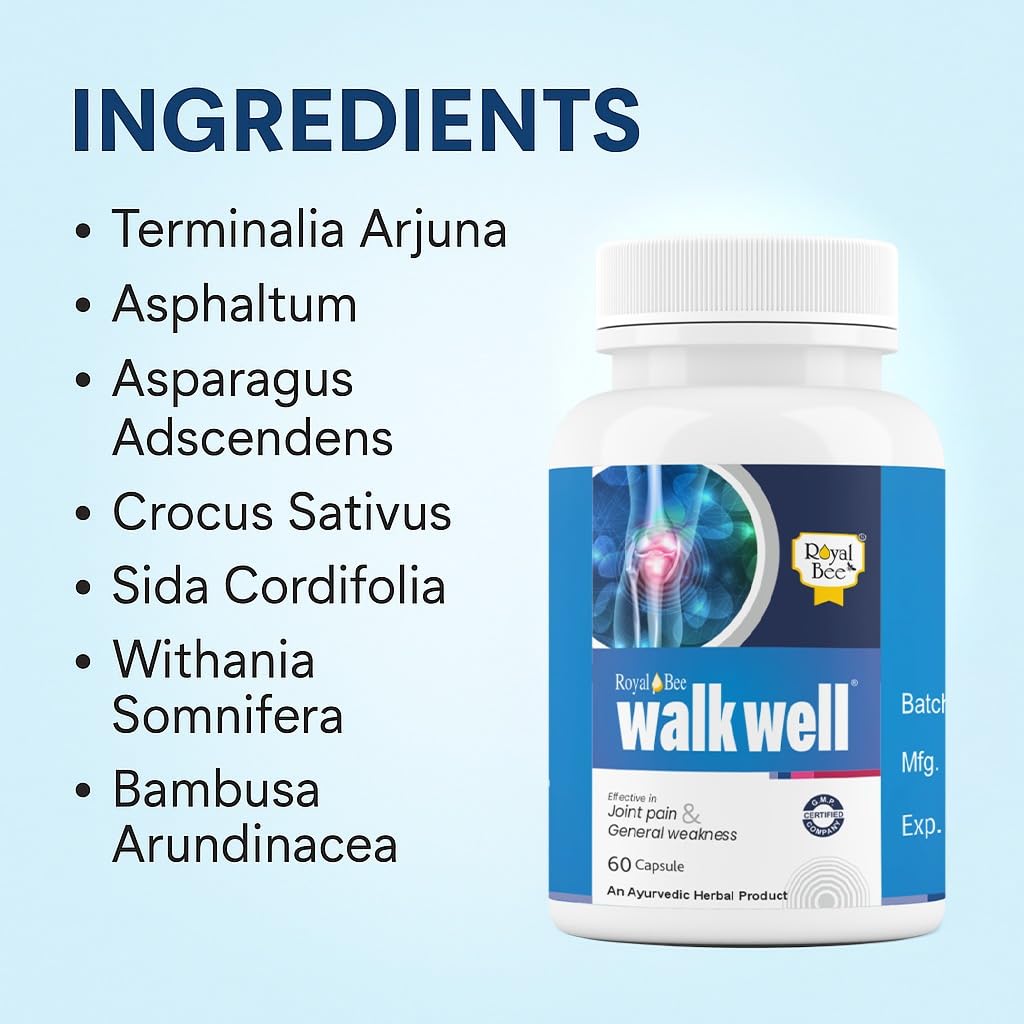 Royal Bee Walkwell Capsules – 60 Capsules – Supports Joint Pain & Inflammation Relief · Useful in Osteoarthritis · Promotes Flexibility & Mobility · Clinically Studied Herbal Ingredients Generic Au supplements