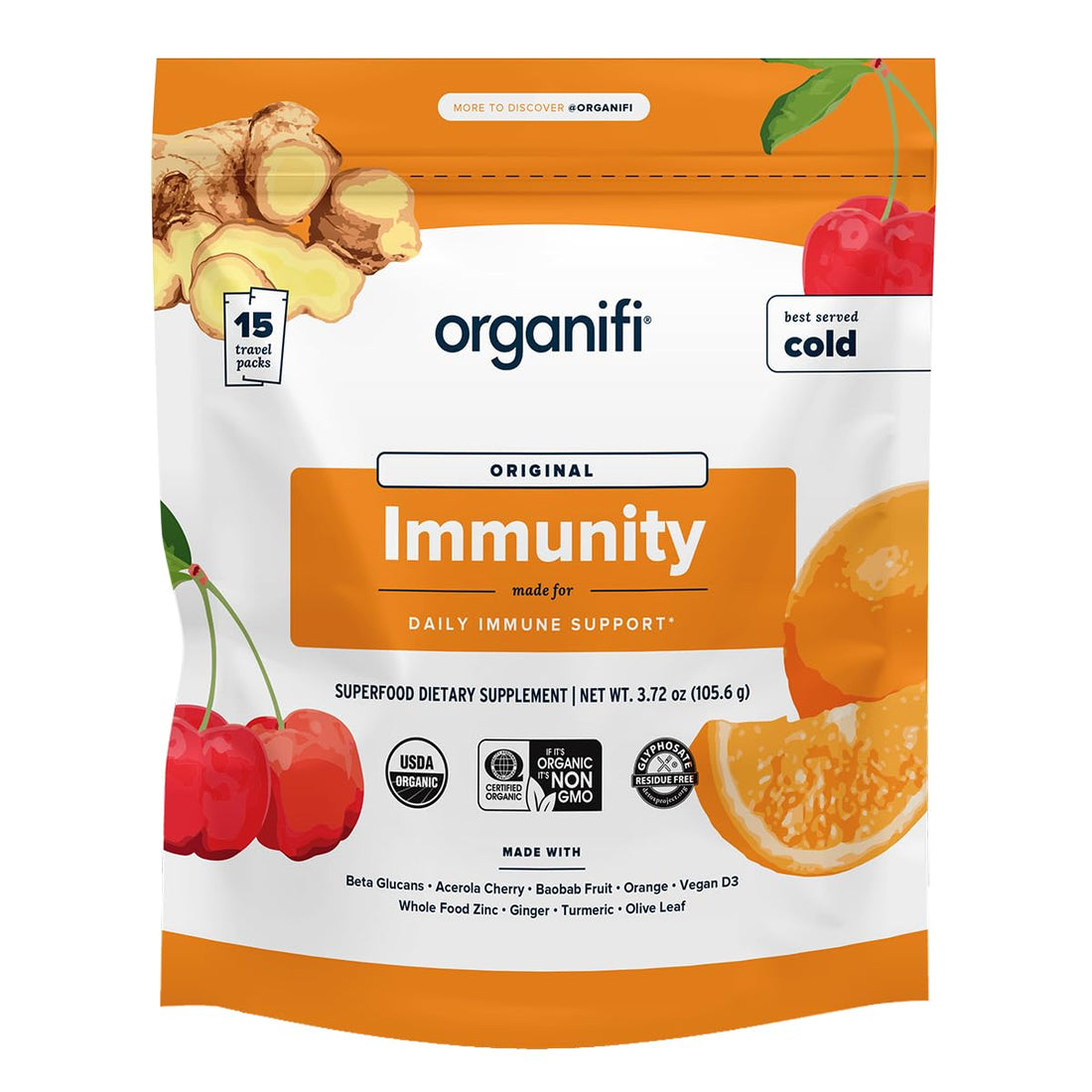 Organifi Immunity - Organic Superfood Immunity Support - 15 Single Serve Packets - Immunity Powder for T Cell Production and Upper Respiratory Health - Mushroom Beta Glucans, Vitamin C, D and Zinc Organifi Au supplements
