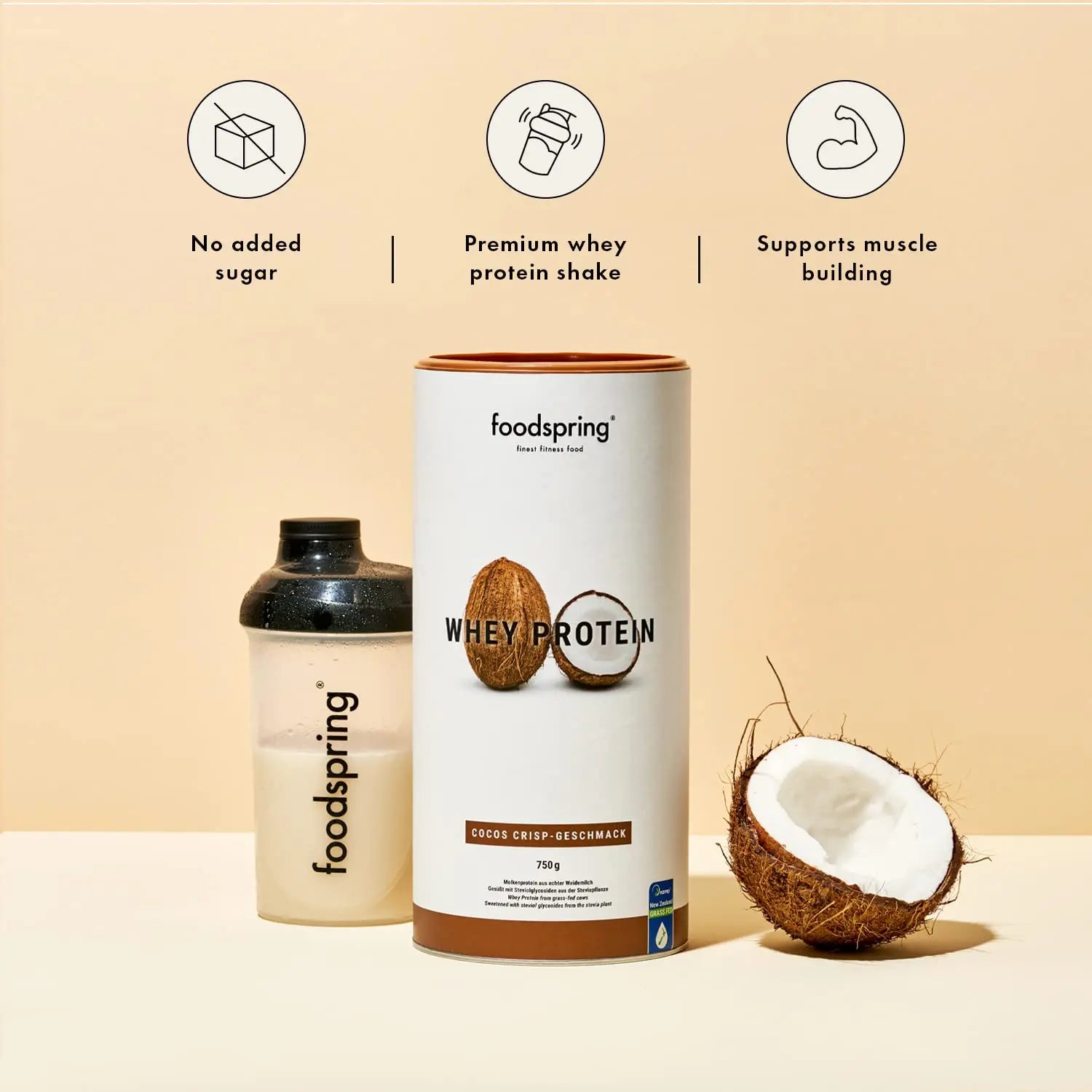 foodspring Whey Protein Powder Coconut – with 23g Protein for Muscle Building, Perfect Solubility, Made from Pasture Milk, Rich in BCAAs & EAAs - 750g foodspring Au supplements