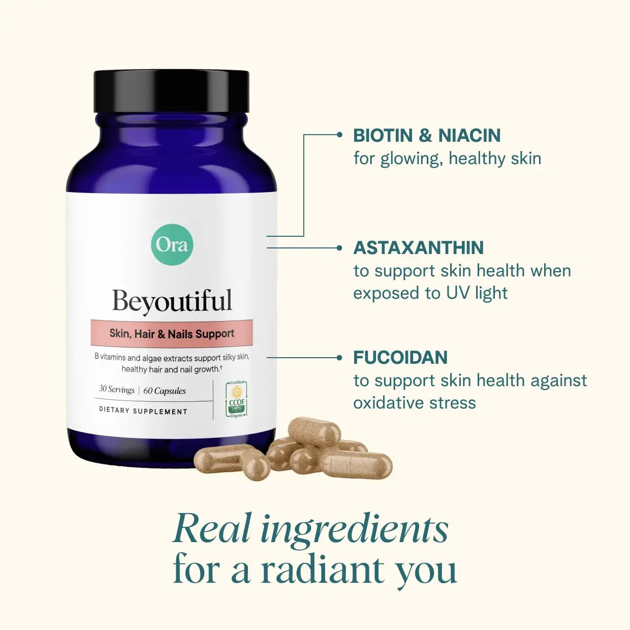 Ora Organic Hair, Skin, and Nails Support- BeYouTiful - Beauty Supplement with B Vitamins and Algae Extracts for Healthy Hair and Skin - 60 Vegan Capsules Ora Organic Au supplements