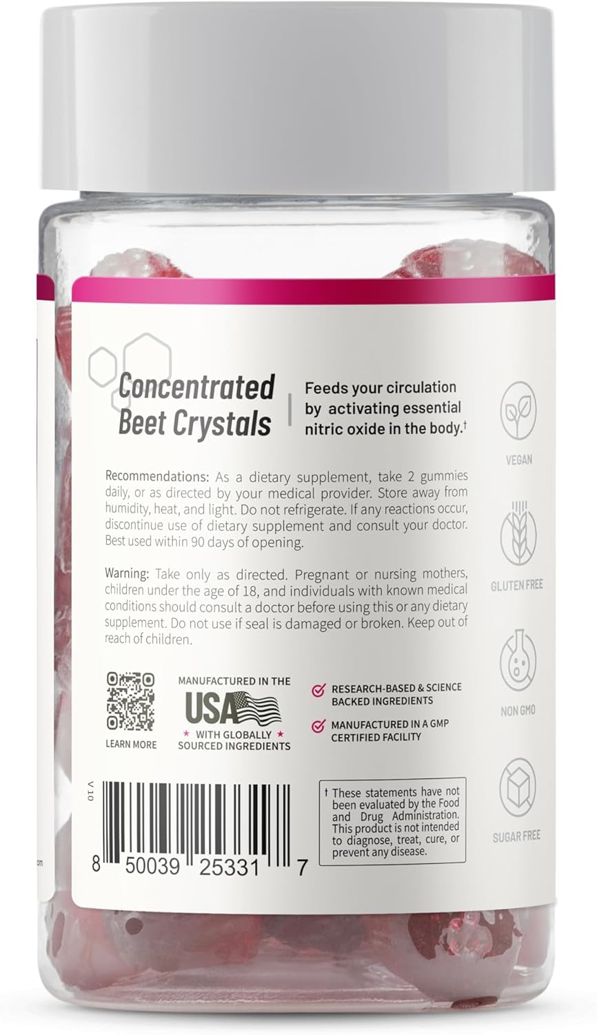 Snap Supplements Nitric Oxide Gummies - Beet Root Extract 300mg, Sugar Free Beetroot Supplement with Pomegranate Powder for Circulation & Natural Energy, 60 Vegan Gummies, Cherry Flavor Snap Supplements Au supplements