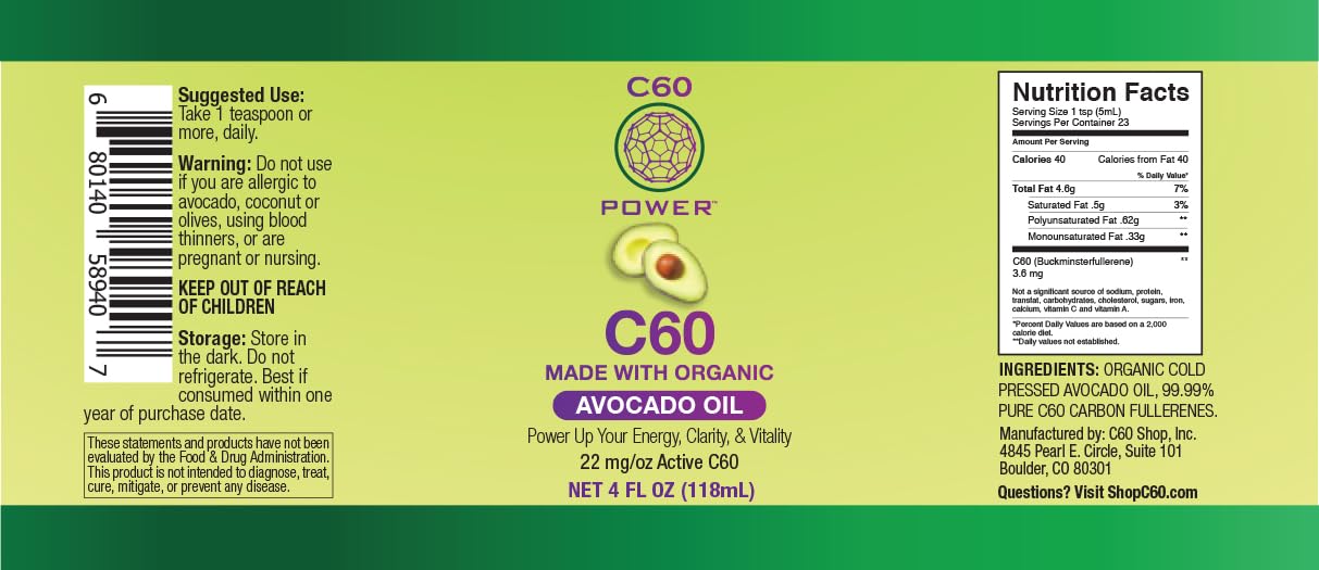 C60 Power C60 in Organic Avocado Oil - Natural Wellness & Antioxidant Support for Men & Women, 99.99% Pure Carbon Fullerenes, Promotes Energy, Mental Clarity, & Stamina - 4 fl oz Bottle C60 Purple Power Au supplements