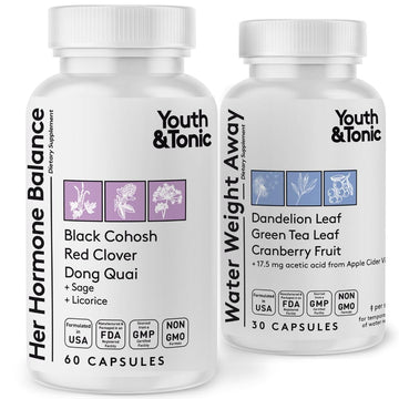Youth & Tonic PMS & Menopause Bloating Relief Duo – Support for Puffiness, Hormonal Balance & Fluid Retention – Her Hormone Balance + Water Weight Away Natural Herbs for Women, 90 Capsules Youth & Tonic Au supplements