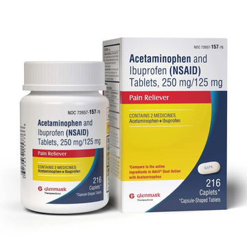 Dual Action Acetaminophen 250mg and Ibuprofen 125mg Caplets, Up to 8h of Pain Relief for Minor Aches and Pain, Headaches, Toothache, Backache, Menstrual Cramps, Minor Arthritis Pain, 216 Count Glenmark Therapeutics Au supplements