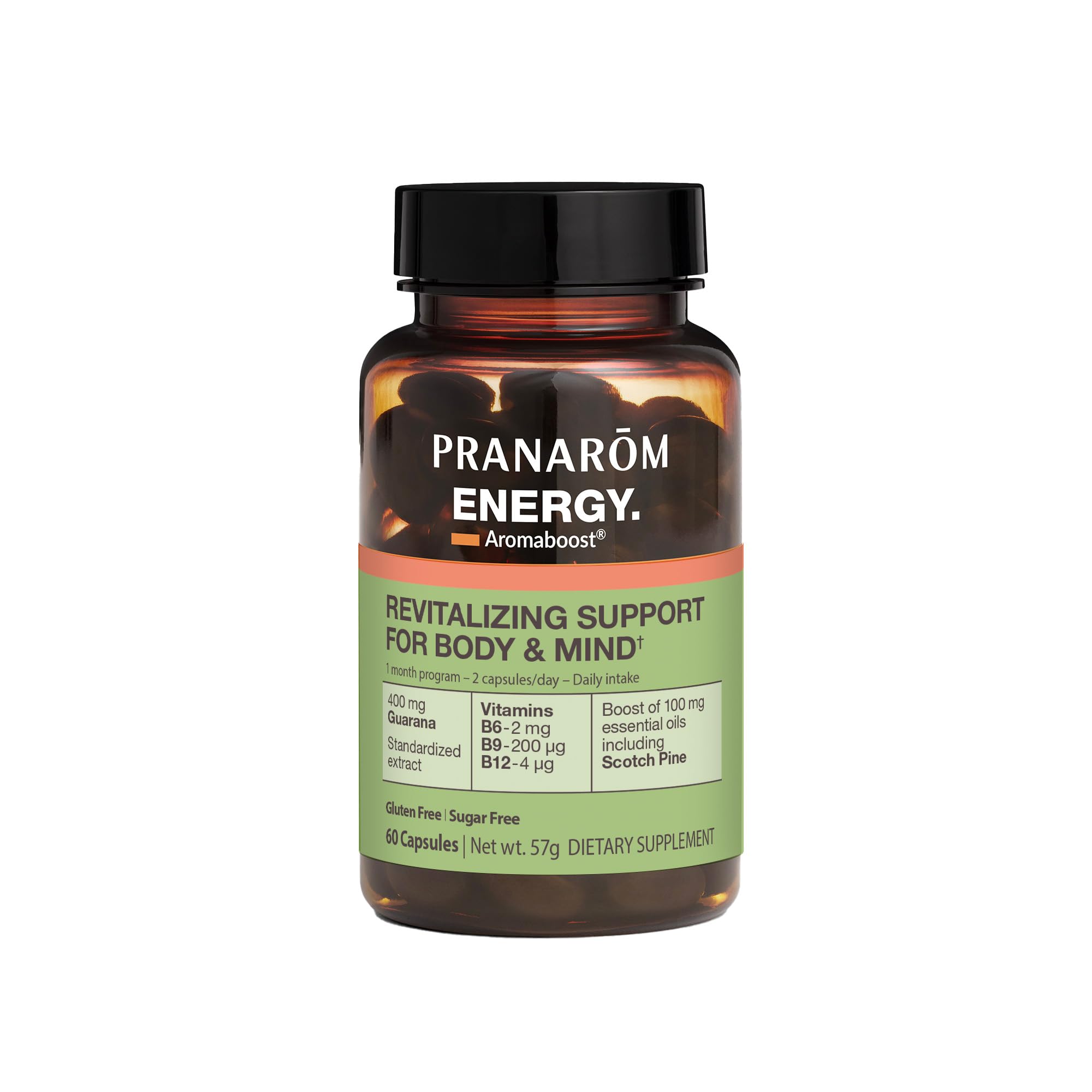 Pranarom - Aromaboost Energy Herbal Supplement - for Physical and Mental Fatigue - Guarana - Vitamins B6 B9 B12 - Pure Scots Pine Essential Oil - 60 Count Pranarom Au supplements