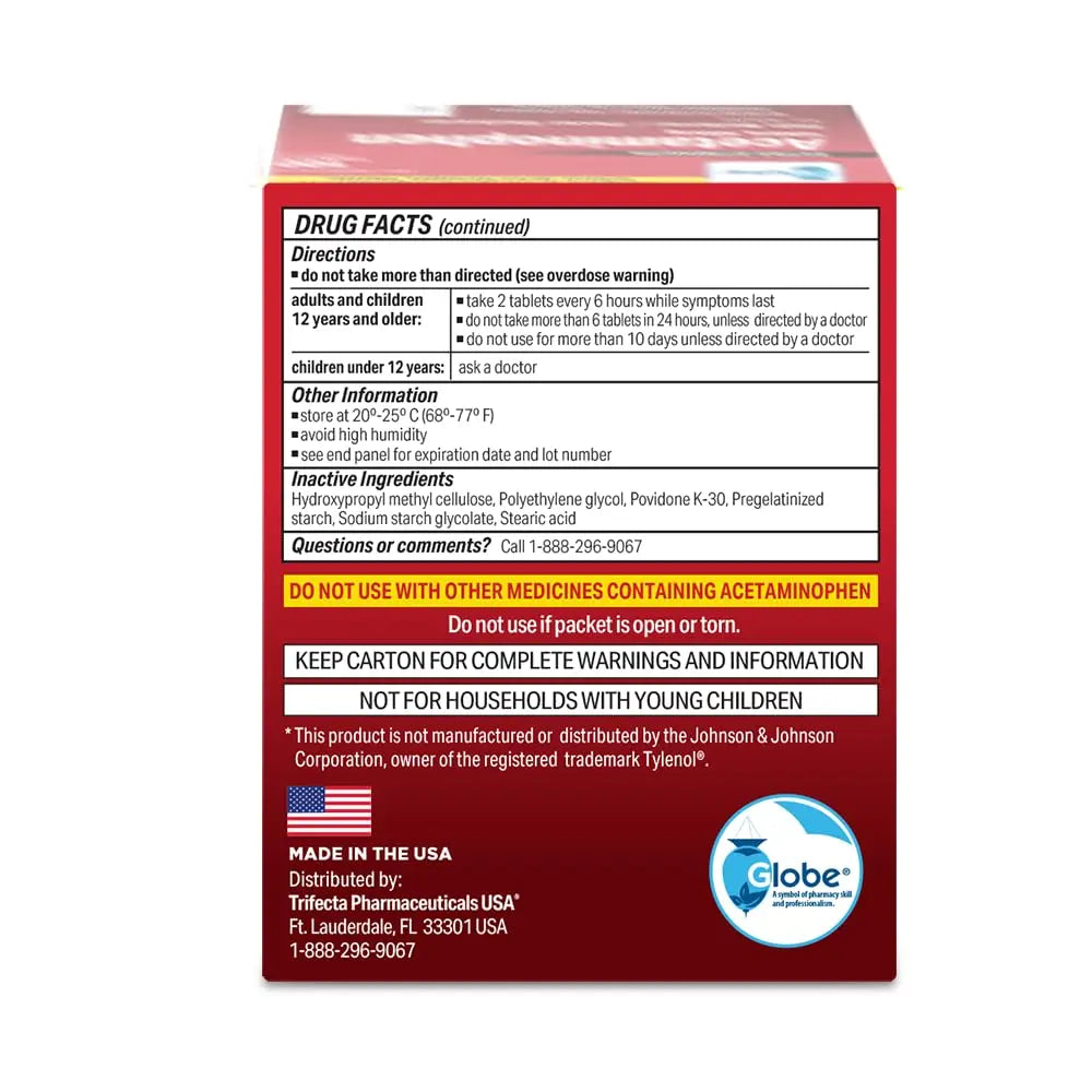 Globe Extra Strength Acetaminophen Tablets 500 mg, Pain Reliever and Fever Reducer, Gentle on Stomach, for Arthritis Pain, Backache Pain and More, 50 Packets of 2 Tablets Each, 100 Count Globe Au supplements