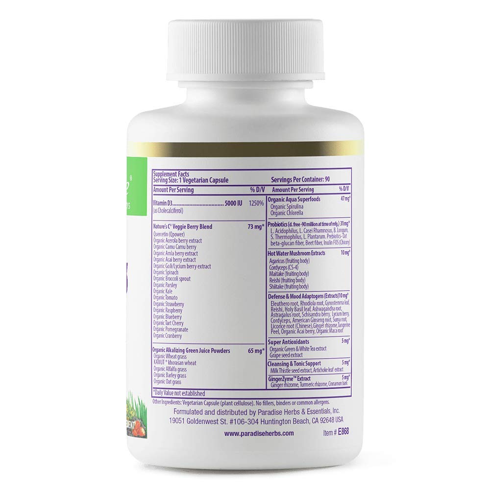 Paradise Herbs Earth's Blend Vitamin D3, Superfoods Base of Probiotics and Organic Alkalizing Greens, Veggies & Berries, 90 Vegetarian Capsules Paradise Herbs Au supplements