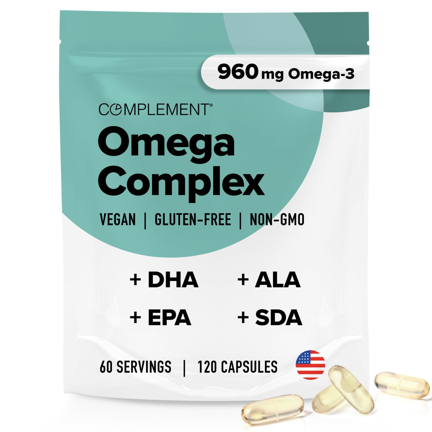 Complement Vegan Omega 3 Supplement- 960mg Omega-3 Fatty Acids, DHA, EPA, SDA, ALA Supplement - Immune Support- 60 Servings, 120 Liquid Capsules Complement Au supplements