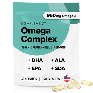 Complement Vegan Omega 3 Supplement- 960mg Omega-3 Fatty Acids, DHA, EPA, SDA, ALA Supplement - Immune Support- 60 Servings, 120 Liquid Capsules Complement Au supplements