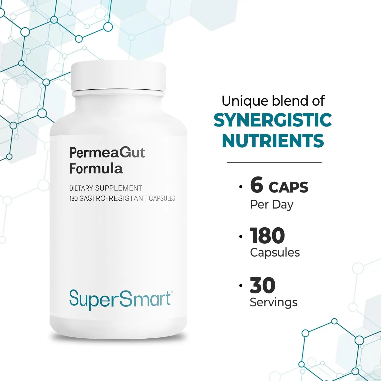 Supersmart PermeaGut Formula (High Potency) - with L-Glutamine, ButiShield Calcium Butyrate, Zinc-L-Carnosine - Gut Barrier Support | Vegan & Gluten Free - 180 Gastro-Resistant Capsules Supersmart Au supplements