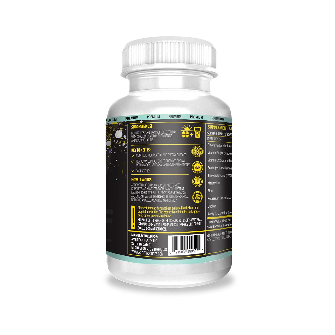 ACTIF Methylation Mega Support with 10 Advanced Factors and Organic Folate – 100% Natural, Non-GMO, 90 Count ACTIF Au supplements