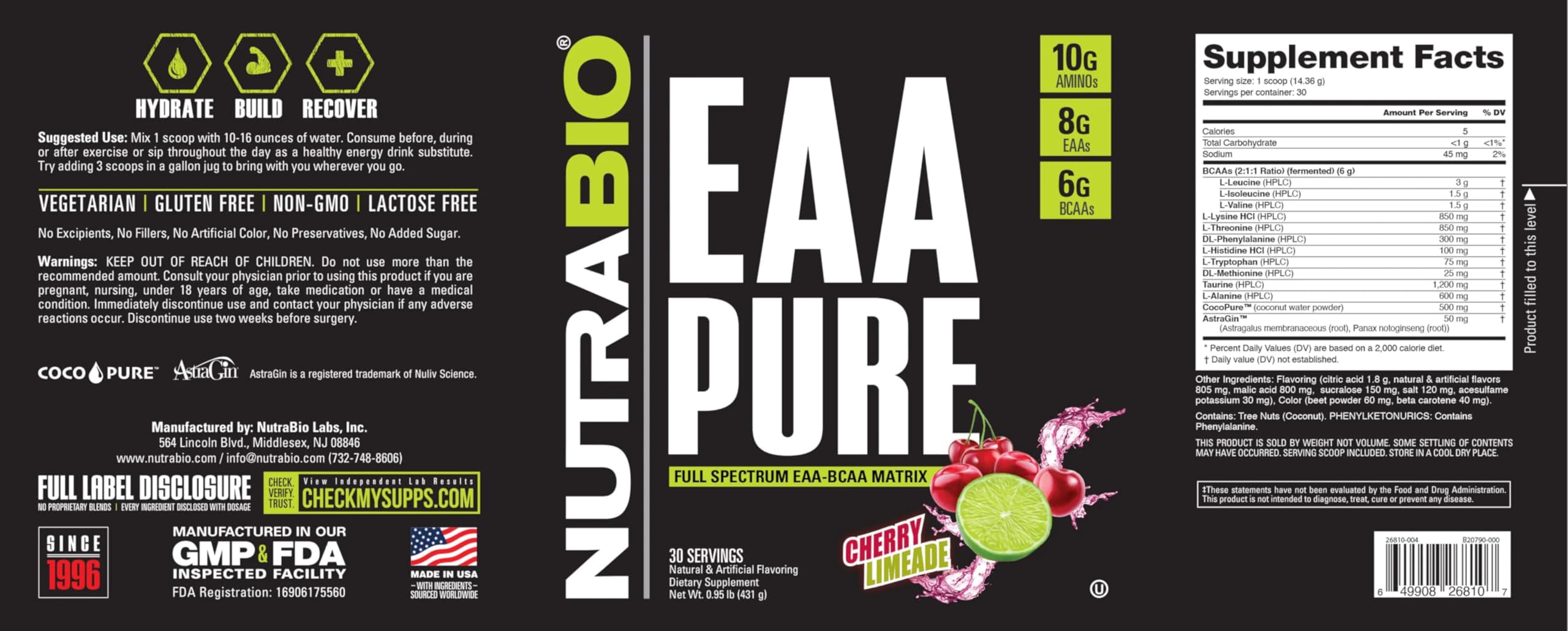 NutraBio – EAA Pure – 9 Amino Acids – Muscle Repair and Recovery, 30 Servings, Cherry Limeade – Pre or Post Workout – All Day Recovery NutraBio Au supplements