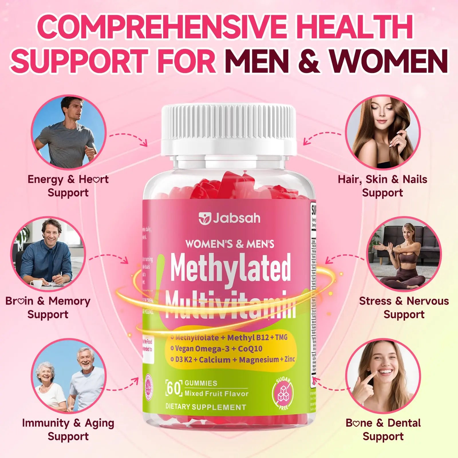 Methylated Vitamin B Complex Gummies for Women & Men, Multivitanins Gummy with Vitamin A, C ,E, Methylfolate & B12, TMG, Calcium, D3 K2 Jabsah Au supplements