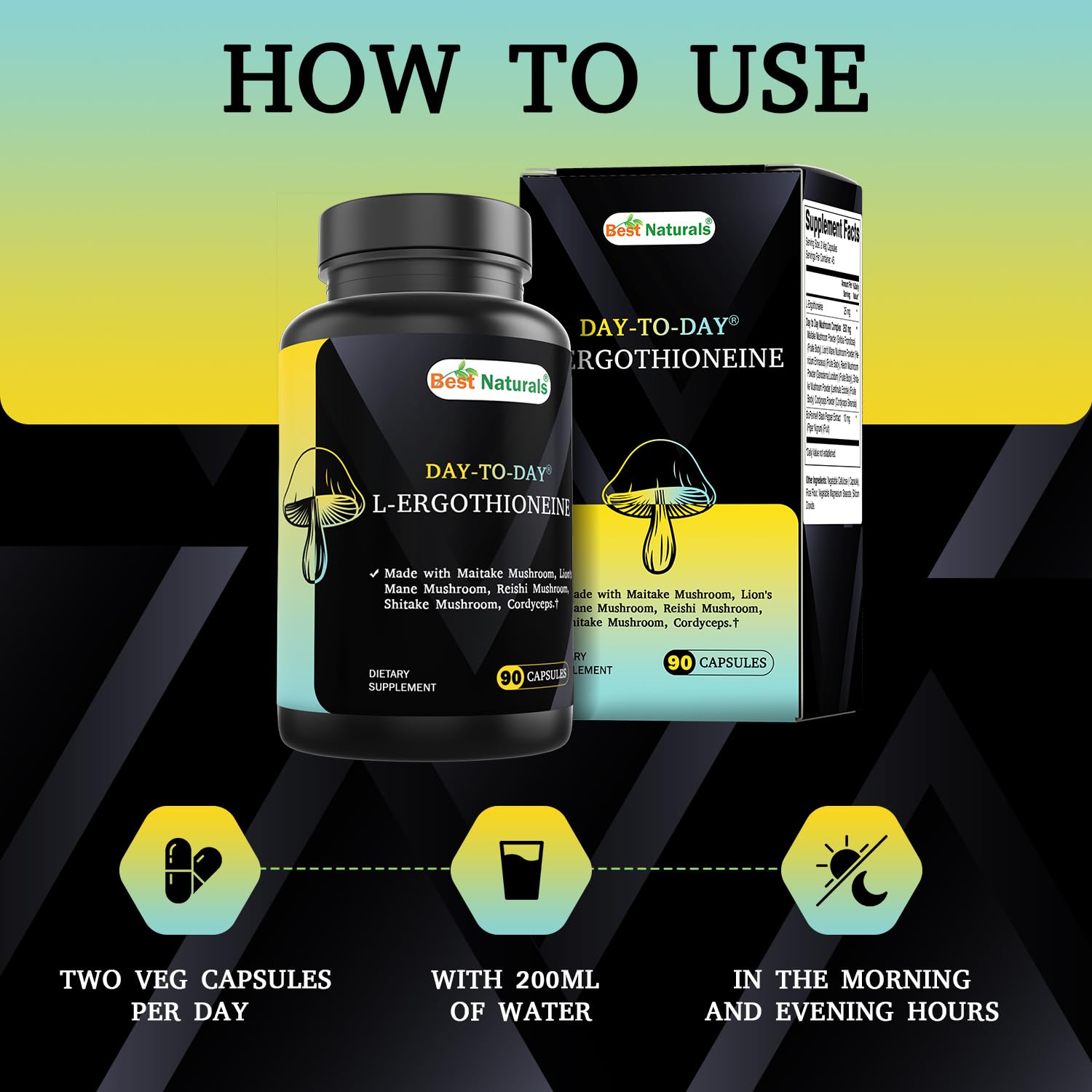 Best Naturals Day-to-Day L-Ergothioneine 25 mg with Maitake Mushrom, Lion's Mane Mushroom, Reishi Mushroom 90 Capsules Best Naturals Au supplements