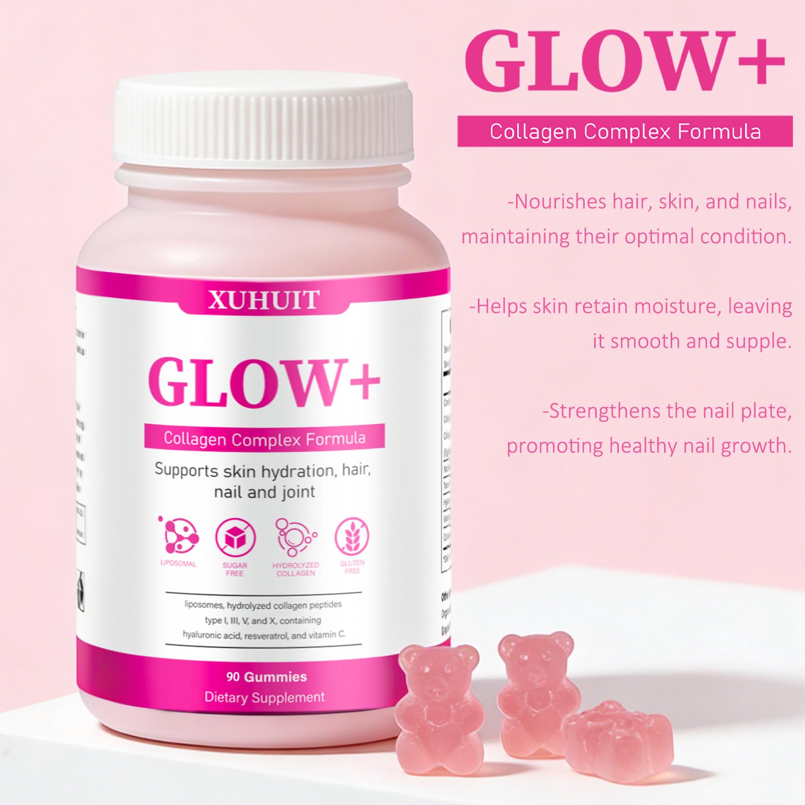 PBZPBZ Glow Collagen Gummies with Hyaluronic Acid & Resveratrol | Gentle Support for Skin, Hair & Nail Care | Non-GMO | 90 Count (1) PBZPBZ Au supplements