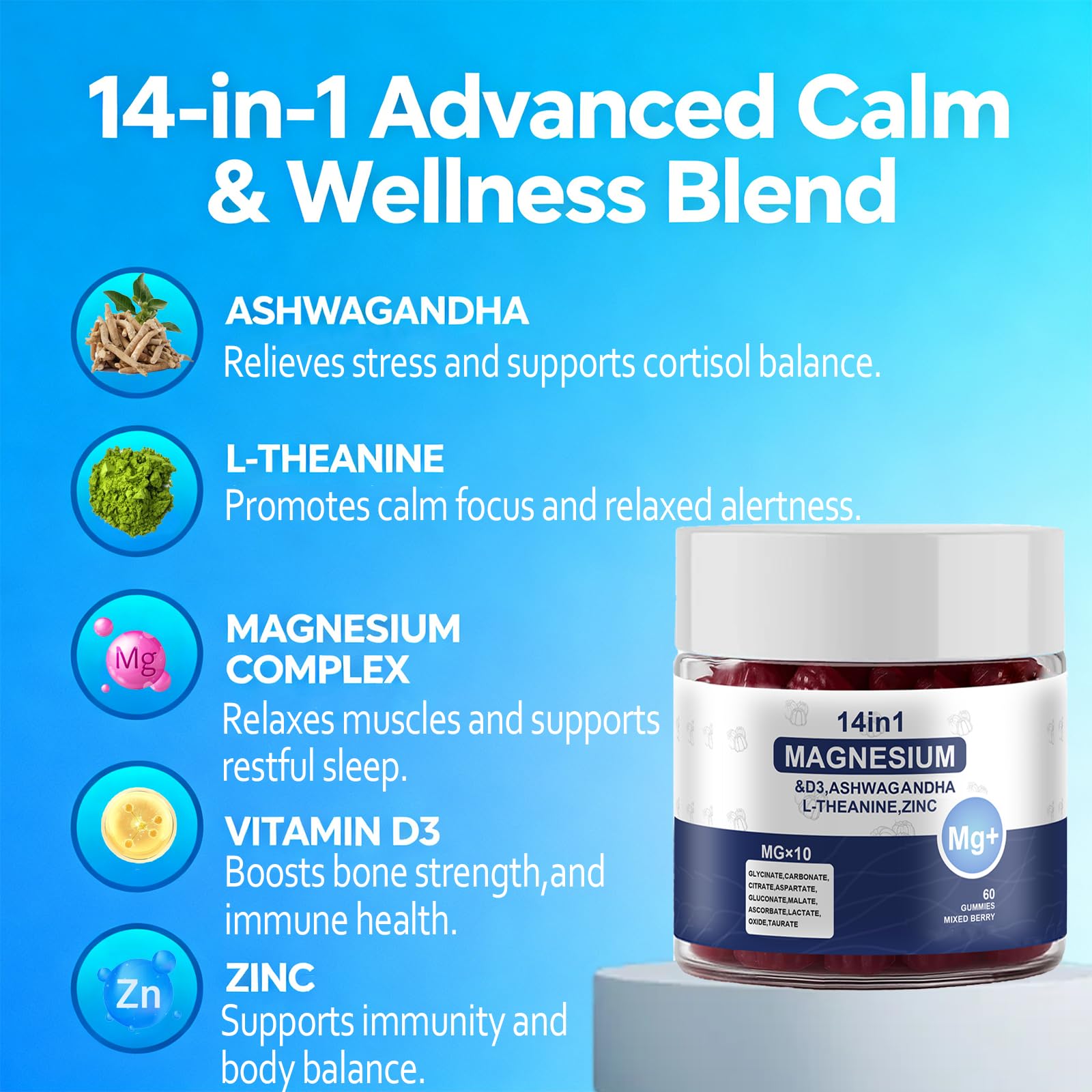 Magnesium Complex Gummies for Women & Men, Calm Magnesium Gummies for Women & Men, 14-in-1 with Ashwagandha, L-Theanine, Vitamin D3 & Zinc, 60 Count (1) UYPO Au supplements