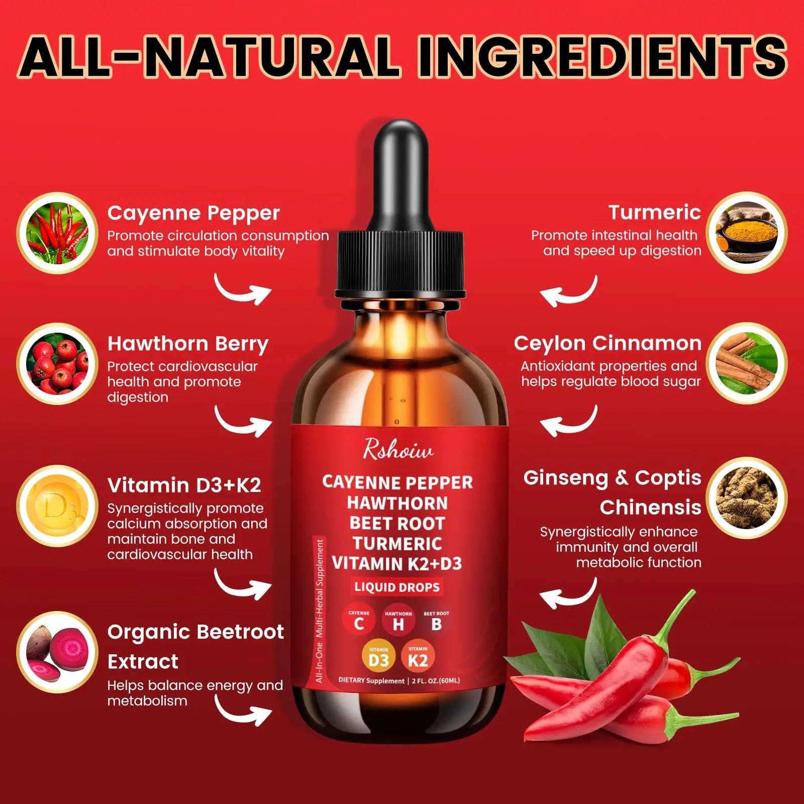 Cayenne Pepper Drops Supplement Liquid with Hawthorn Berry, Vitamin D3 K2, Turmeric Curcumin, Beet Root, Ceylon Cinnamon Vegan- Friendly - 60ml Rshoiw Au supplements