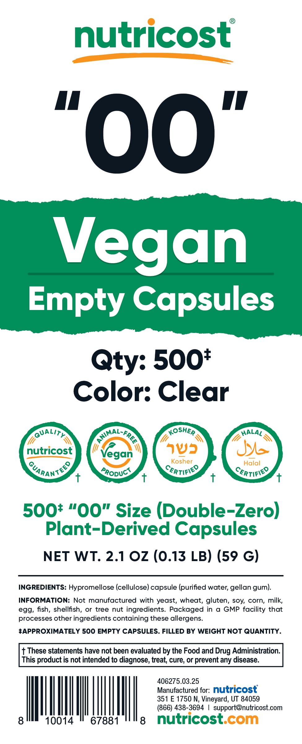 Nutricost Empty Capsules Size 00 Vegan - 500 Clear Empty Plant-Based Capsules - Kosher Certified, Halal Certified, Non-GMO, Soy Free, Gluten Free, Vegetarian Nutricost Au supplements
