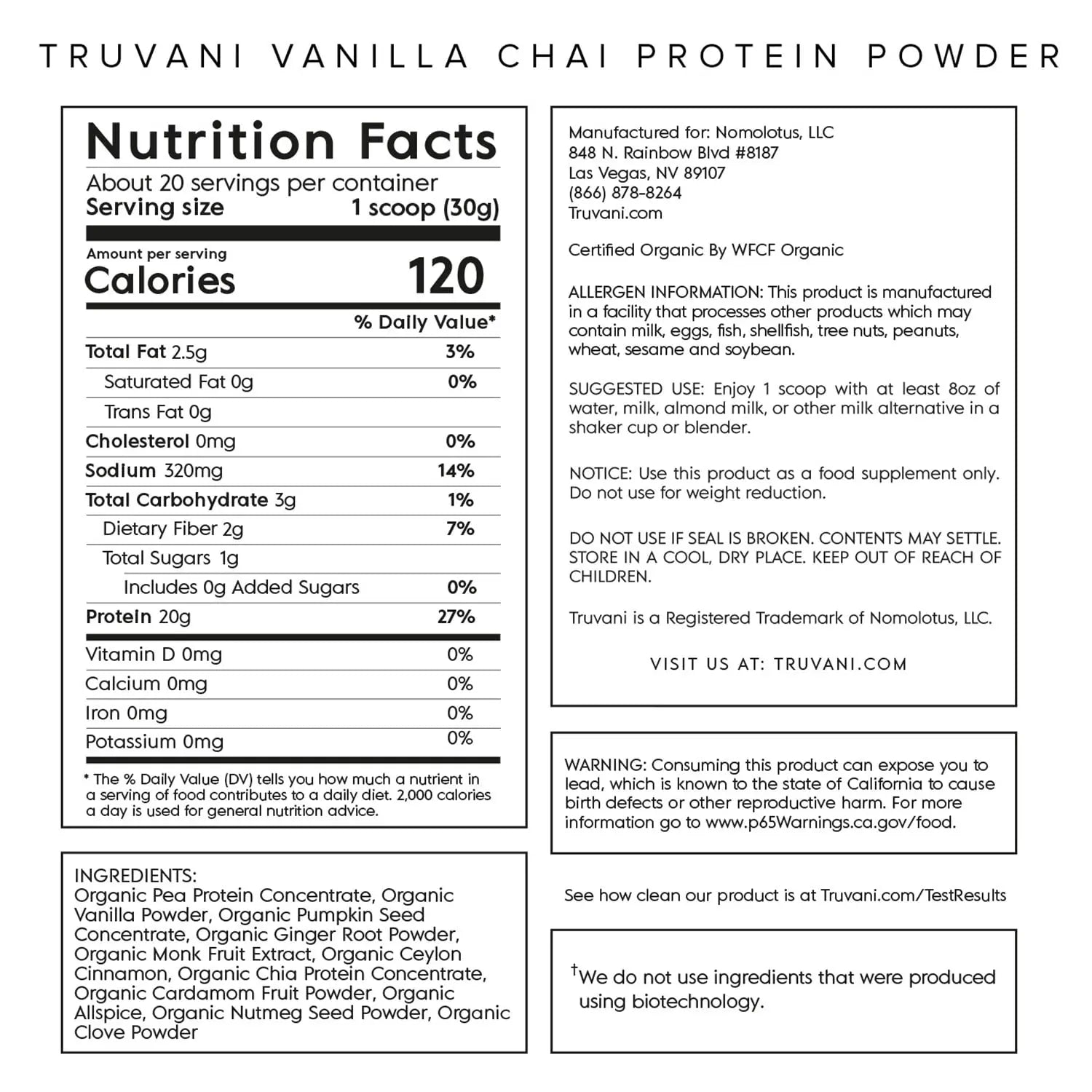 Truvani Organic Vegan Protein Powder Vanilla Chai - 20g of Plant Based Protein, Organic Truvani Au supplements