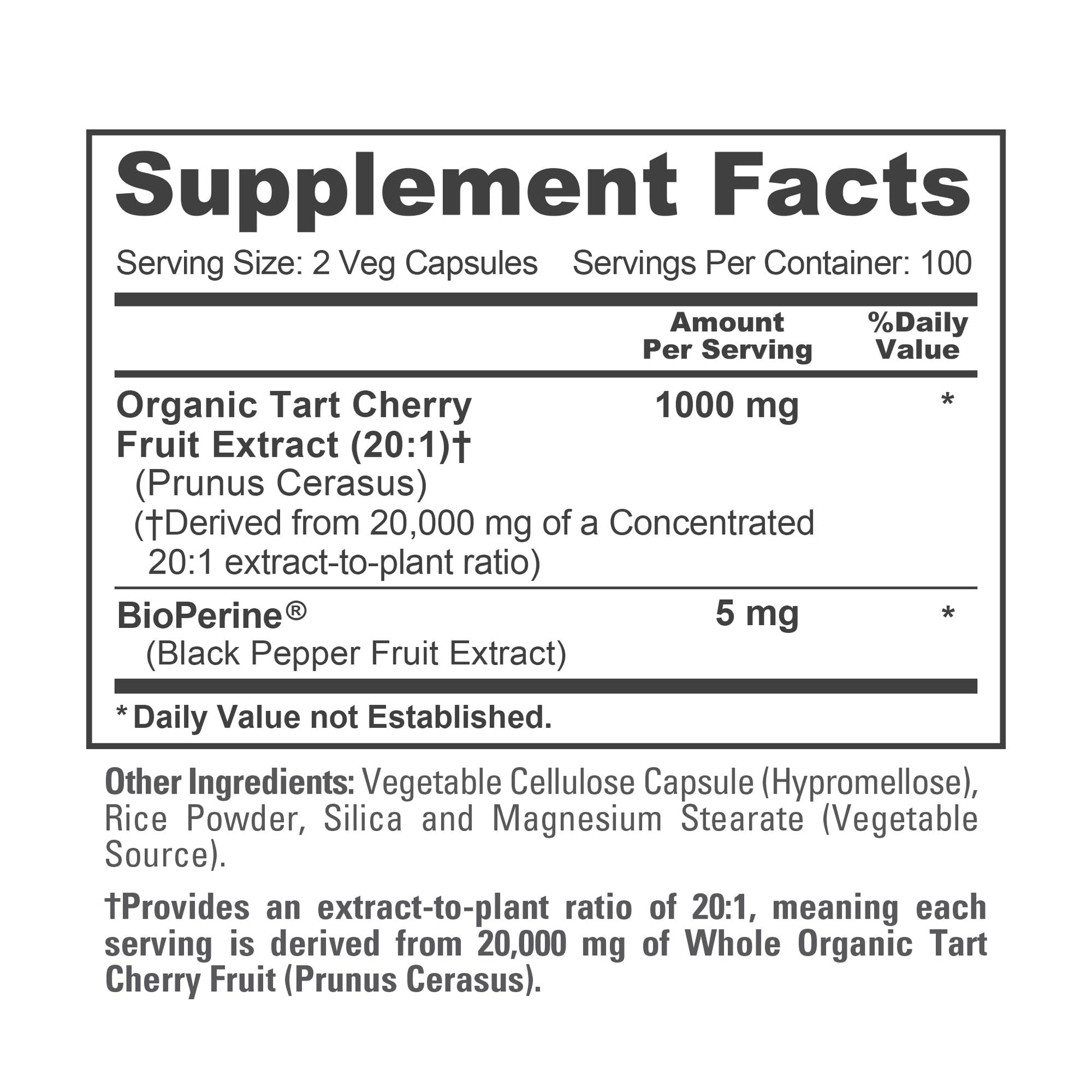 NusaPure Organic Tart Cherry 20:1 Extract, 1000 mg Equivalent to 20,000 mg 200 Veggie Caps (Vegan, Non-GMO) Bioperine NusaPure Au supplements