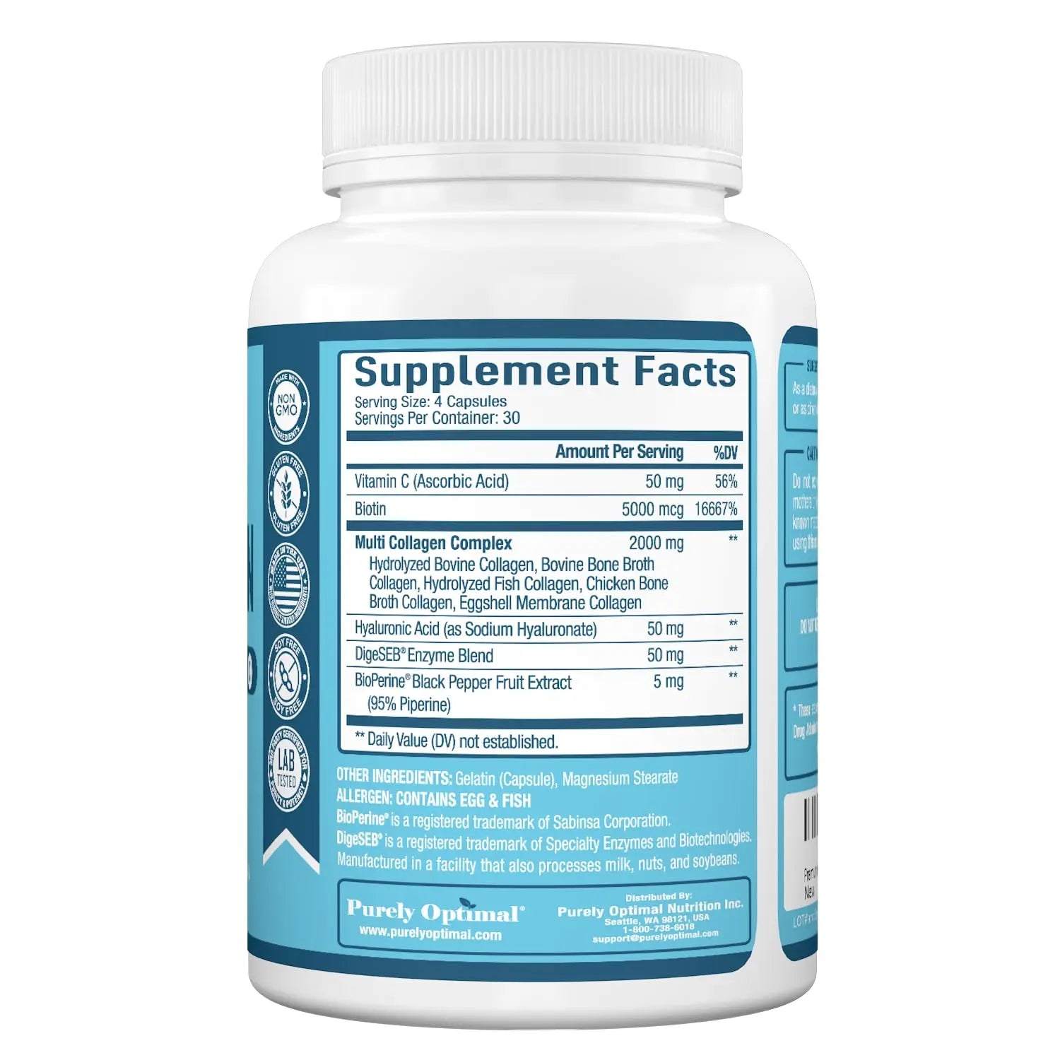 Premium Multi Collagen Peptides (Types I, II, II, V, X) - Collagen Pills for Skin Care, Hair Growth, Nails & Joints - Vitamin C, Hyaluronic Acid Purely Optimal Au supplements