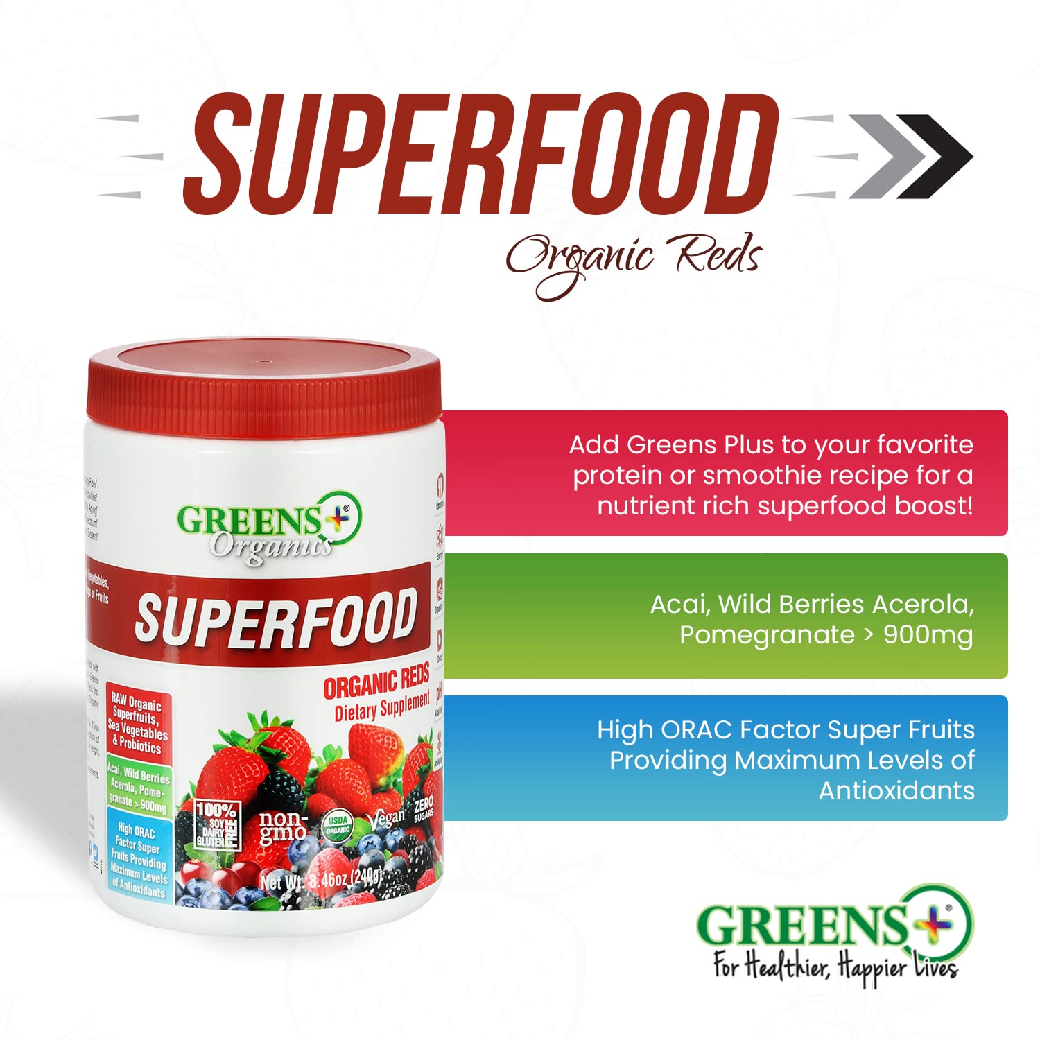 Greens+ Organic Reds Superfood Powder Camu Camu Dietary 400mg Vitamin C SuperFruit Supplement 120 Capsules, 100% Natural, Vitamins & Minerals, Vegan, Soy/Dairy/Gluten Free Greens+ Au supplements