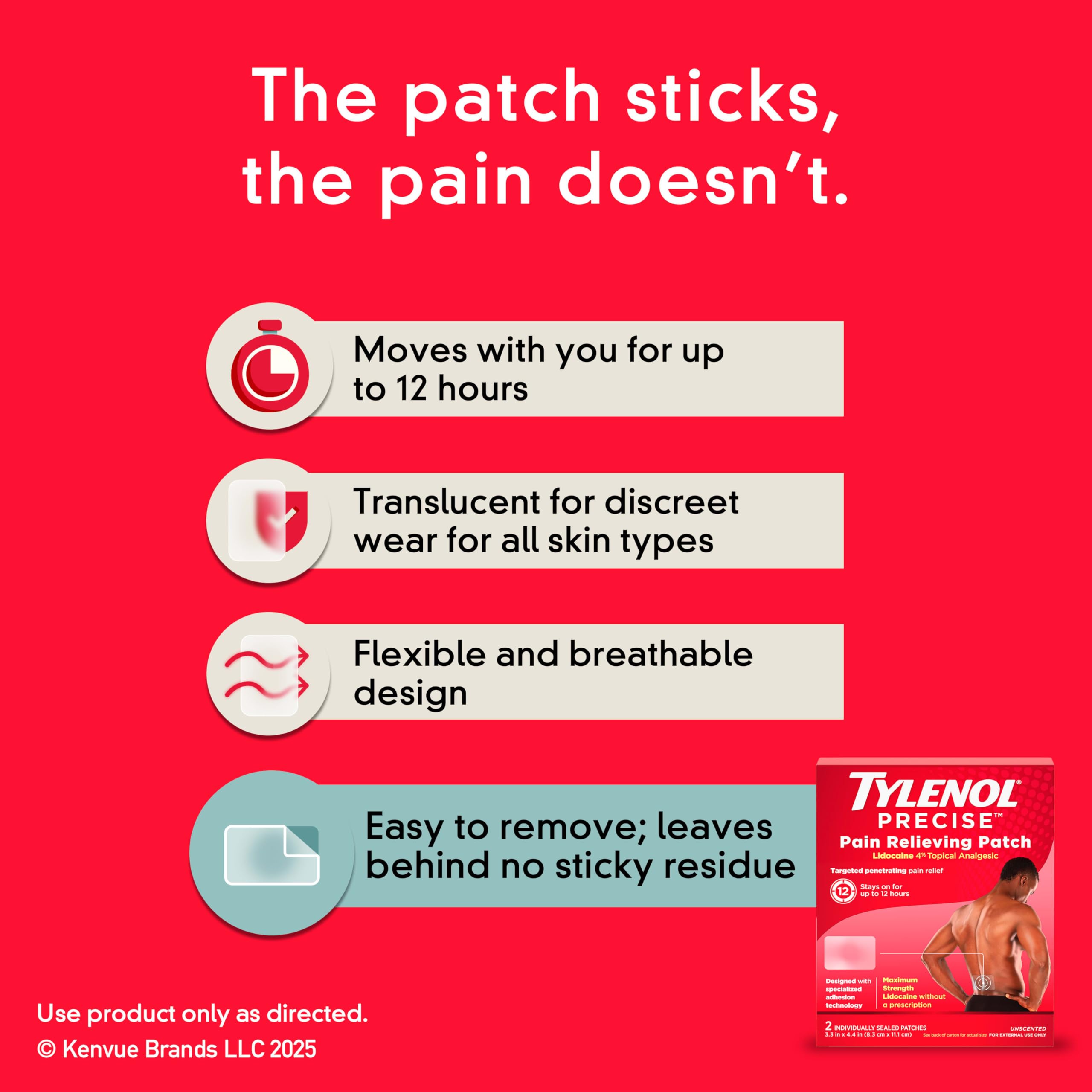 Tylenol Precise Pain Relieving Patches, Large Topical Analgesic Patches + Maximum OTC Strength Lidocaine Penetrates, Targeted Relief Ideal for Shoulder, Back & Knee Pain, Unscented, 4 ct Tylenol Au supplements