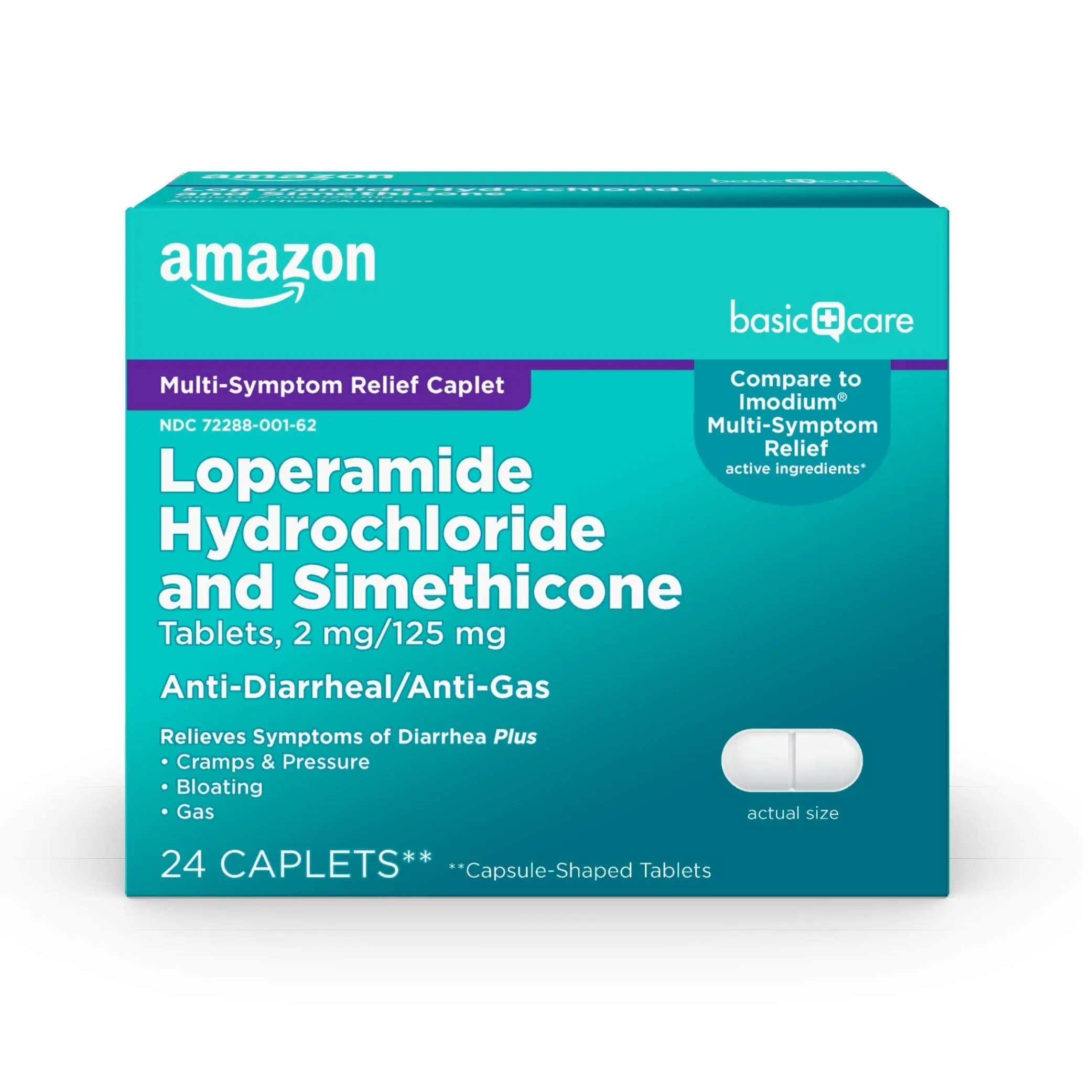 Amazon Basic Care Loperamide Hydrochloride 2 mg and Simethicone 125 mg Tablets, Multi-Symptom Relief, Anti-Diarrheal, Bloating and Cramps, Gas Relief, 24 Count Amazon Basic Care Au supplements