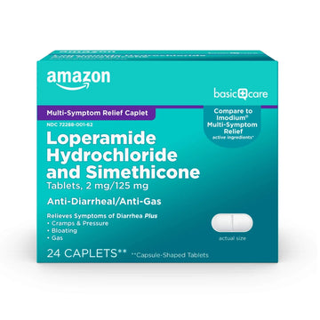 Amazon Basic Care Loperamide Hydrochloride 2 mg and Simethicone 125 mg Tablets, Multi-Symptom Relief, Anti-Diarrheal, Bloating and Cramps, Gas Relief, 24 Count Amazon Basic Care Au supplements