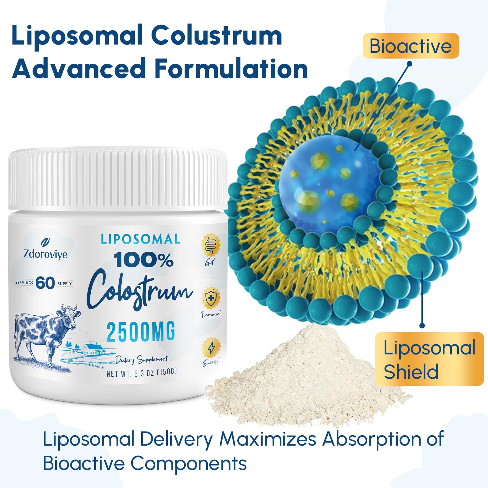 Zdoroviye Liposomal Bovine Colostrum Powder Supplement 2500 mg, Higher Absorption Than Regular Bovine Colostrum (60 Servings) Zdoroviye Au supplements