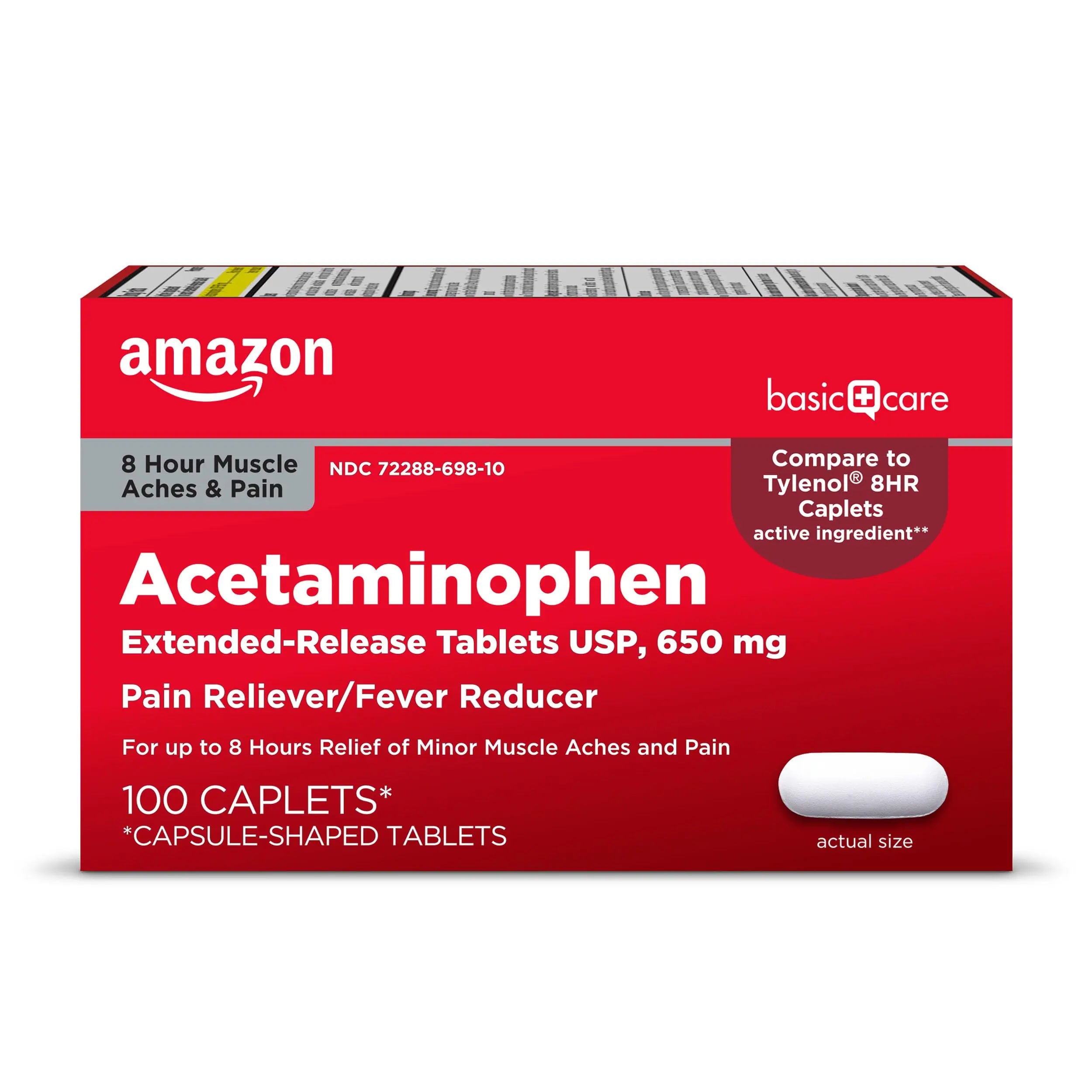 Amazon Basic Care Acetaminophen Extended-Release Tablets, 650 mg, Pain Reliever, Fever Reducer, 8 Hour Relief, 100 Count Amazon Basic Care Au supplements