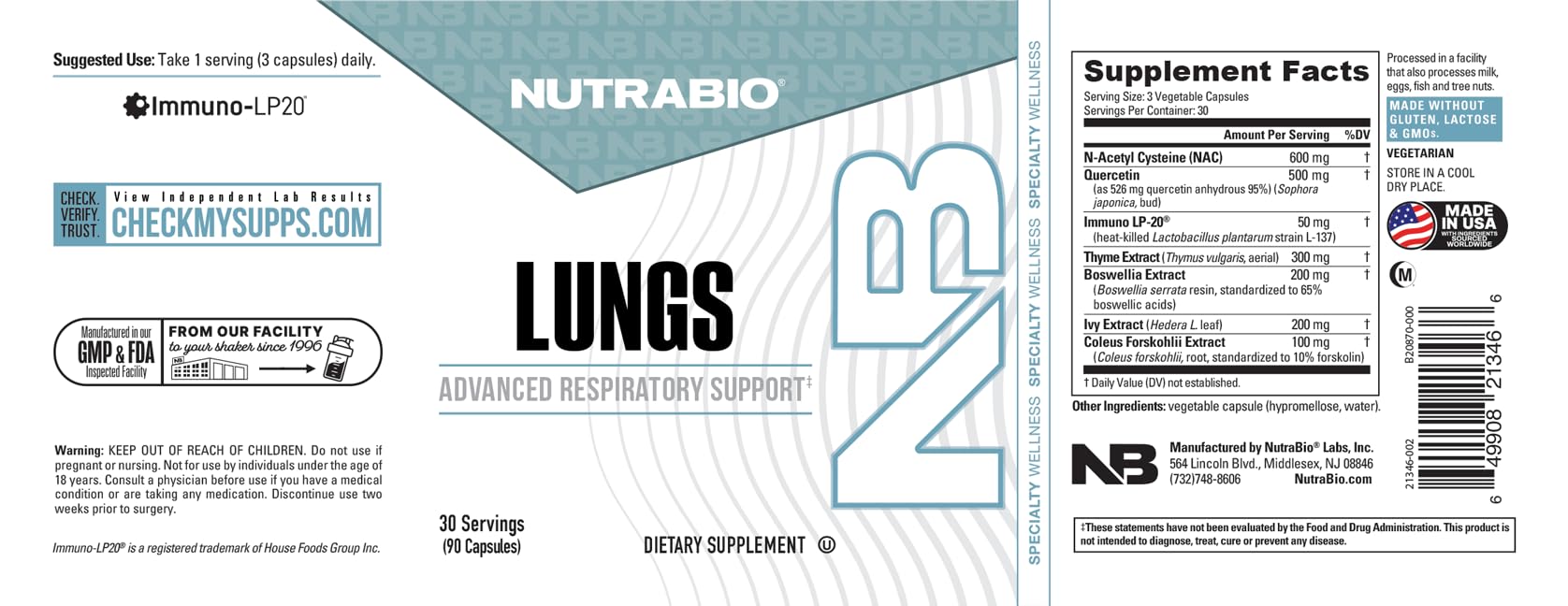 NutraBio Lungs Supplement - Blend of Immuno-LP20 and Natural Extracts to Help Support Respiratory & Immune Health - 90 Capsules NutraBio Au supplements
