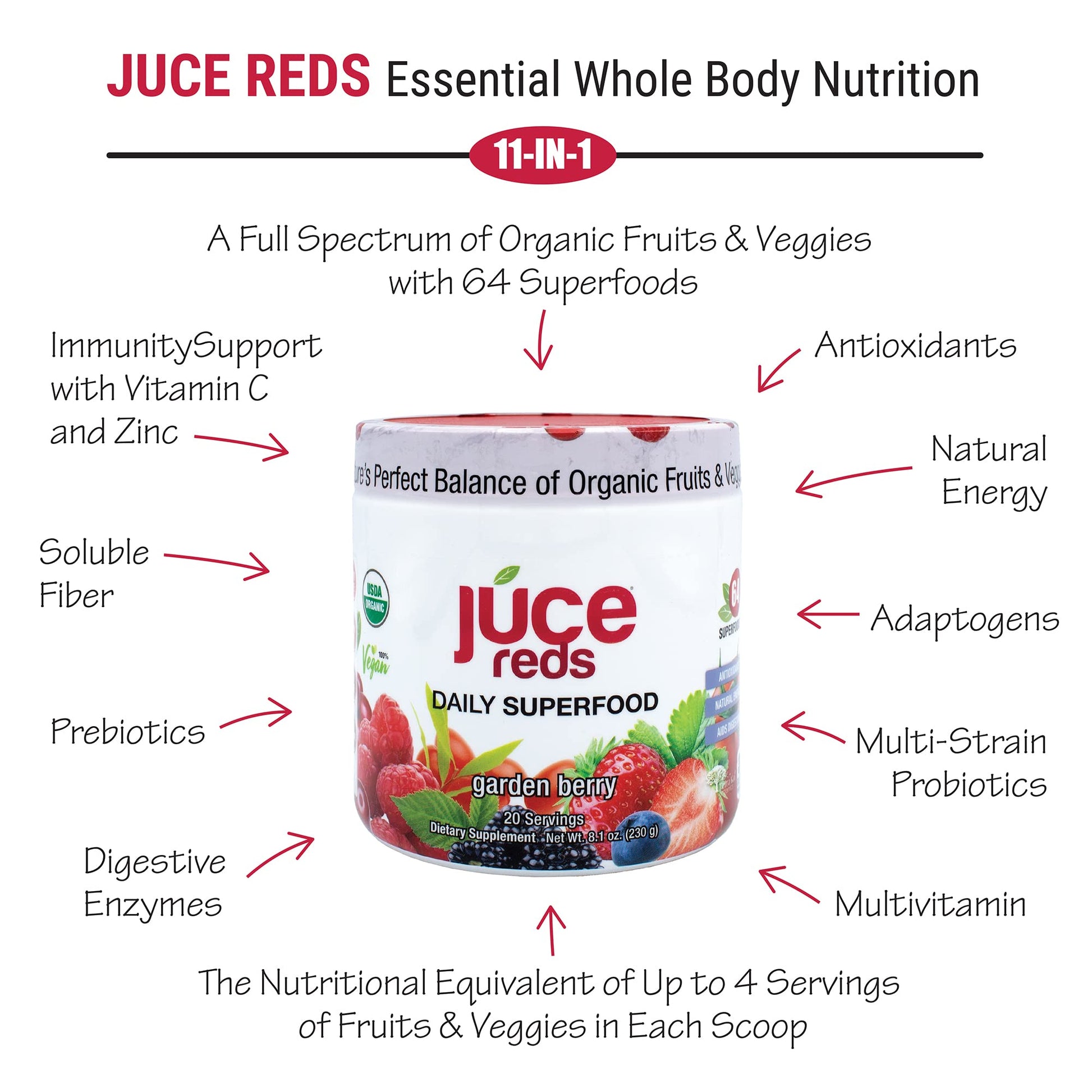 Terra Kai Organics JUCE Reds Organic Superfood Powder - Garden Berry Flavor | Fruit & Veggie Powder for Everyone w/64 Immune Boosting Superfood Plus Probiotics for Gut Health | 20 Servings (230g) Terra Kai Organics Au supplements