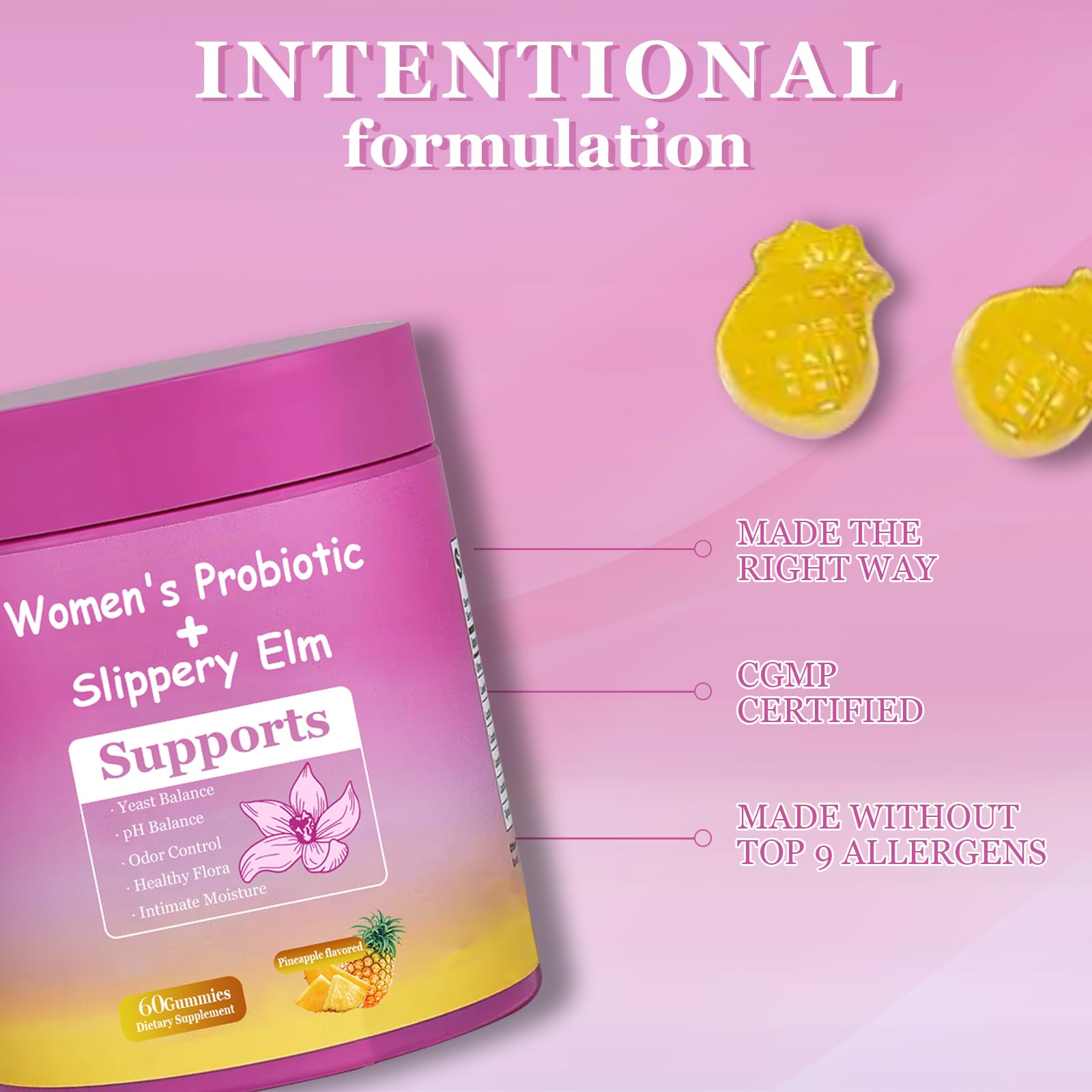 DYALE Her Juicy Feminine Probiotics Gummies for Women | Pineapple Flavor | Supports pH Balance, Gut Health & Immune System | with Slippery Elm, Prebiotics & Lactobacillus Blend | 60 Gummies (2pcs) Dyale Au supplements
