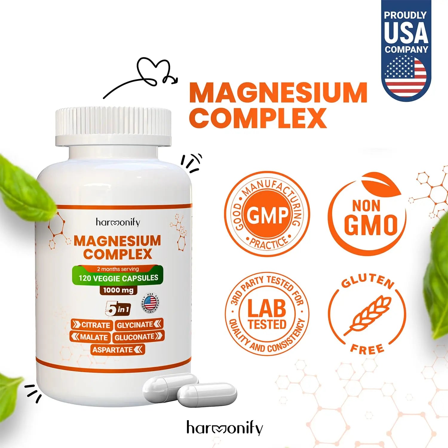 HARMONIFY Magnesium Glycinate Citrate Malate Aspartate Gluconate, 5 in 1 Formula, 120 Purified Veggie Capsule, 1000 mg, Gluten Free, Non-GMO, 60 Days Serving HARMONIFY Au supplements