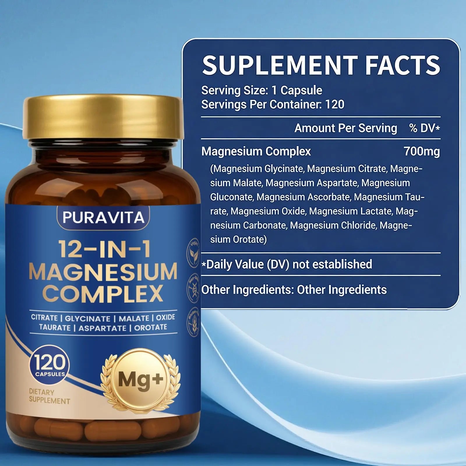 Puravita Magnesium Complex - Puravita 12 in 1 Magnesium Supplement with Glycinate, Citrate, Malate, Oxide, Taurat & More for Muscle, Nerve & Sleep Support, 120 Count PURAVITA Au supplements