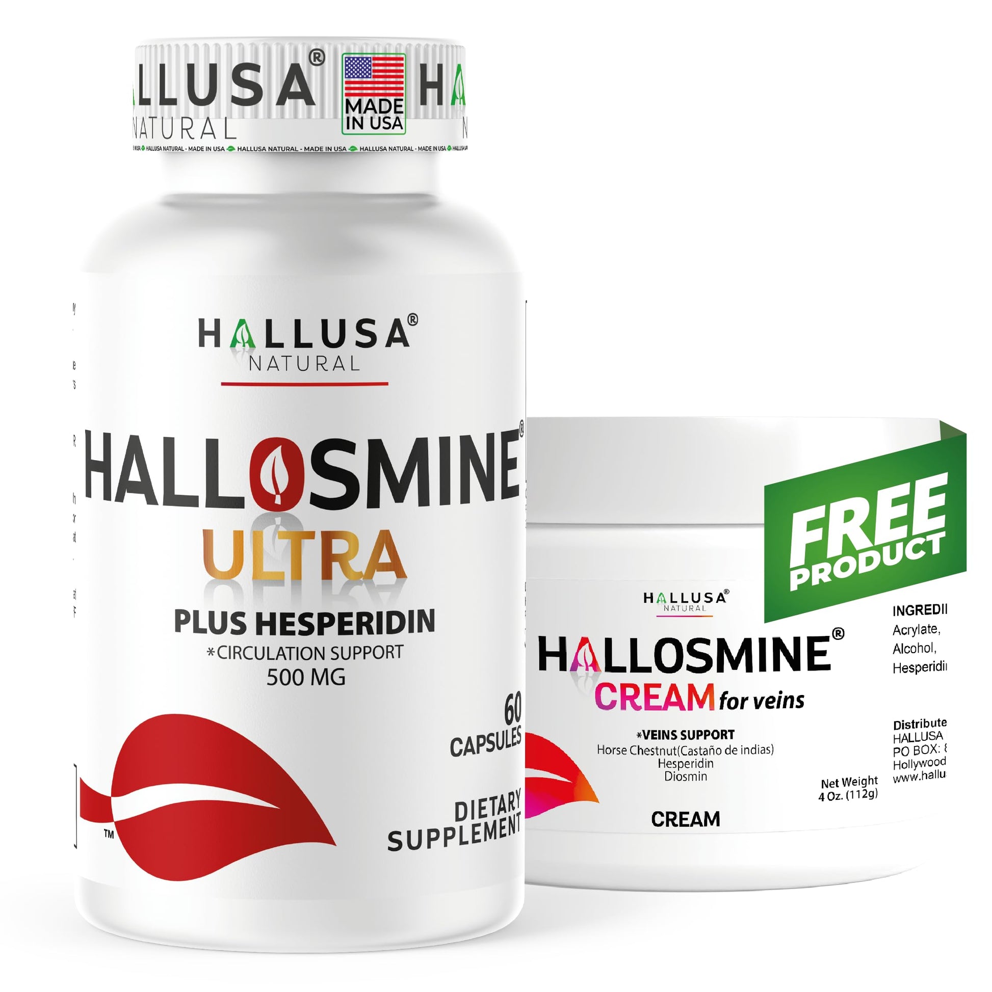 Hallosmine Ultra 650mg Diosmin Hesperidin, 60 Capsules + FREE Leg Cream with Diosmin, Hesperidin & Horse Chestnut, 4 oz | Blood Circulation & Vein Support Supplement, GMO Free, Gluten Free Hallusa Natural Au supplements