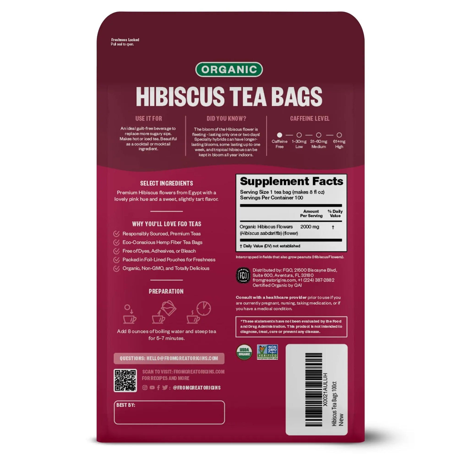 FGO Organic Hibiscus Tea, Eco-Conscious Tea Bags, 100 Count, Packaging May Vary FGO Au supplements