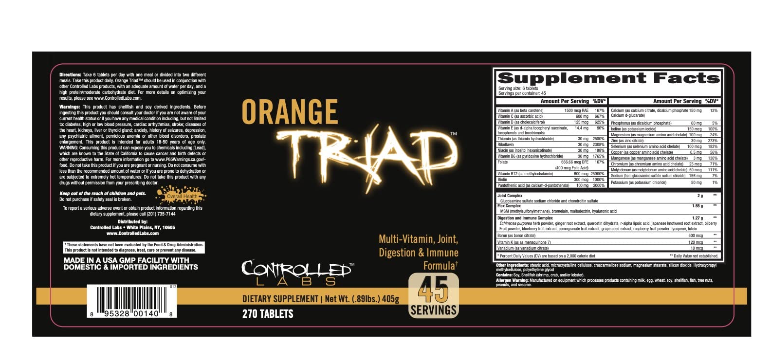 CONTROLLED LABS Orange Triad Daily Multivitamin, Iron Free Sports Supplement for Workout, Digestion, Immune, and Joints, 45 serv - Tablets (270 Count (Pack of 1)) CONTROLLED LABS Au supplements