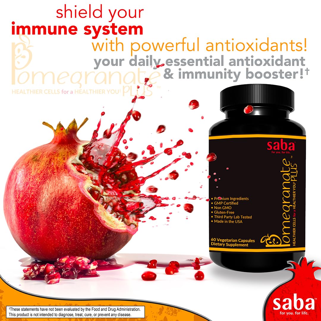 Saba Pomegranate Plus – Antioxidant Supplement with Astaxanthin & Adaptogens | Immune, Skin, Heart & Brain Support | Daily Stress & Cellular Wellness | 60 Capsules Saba Au supplements