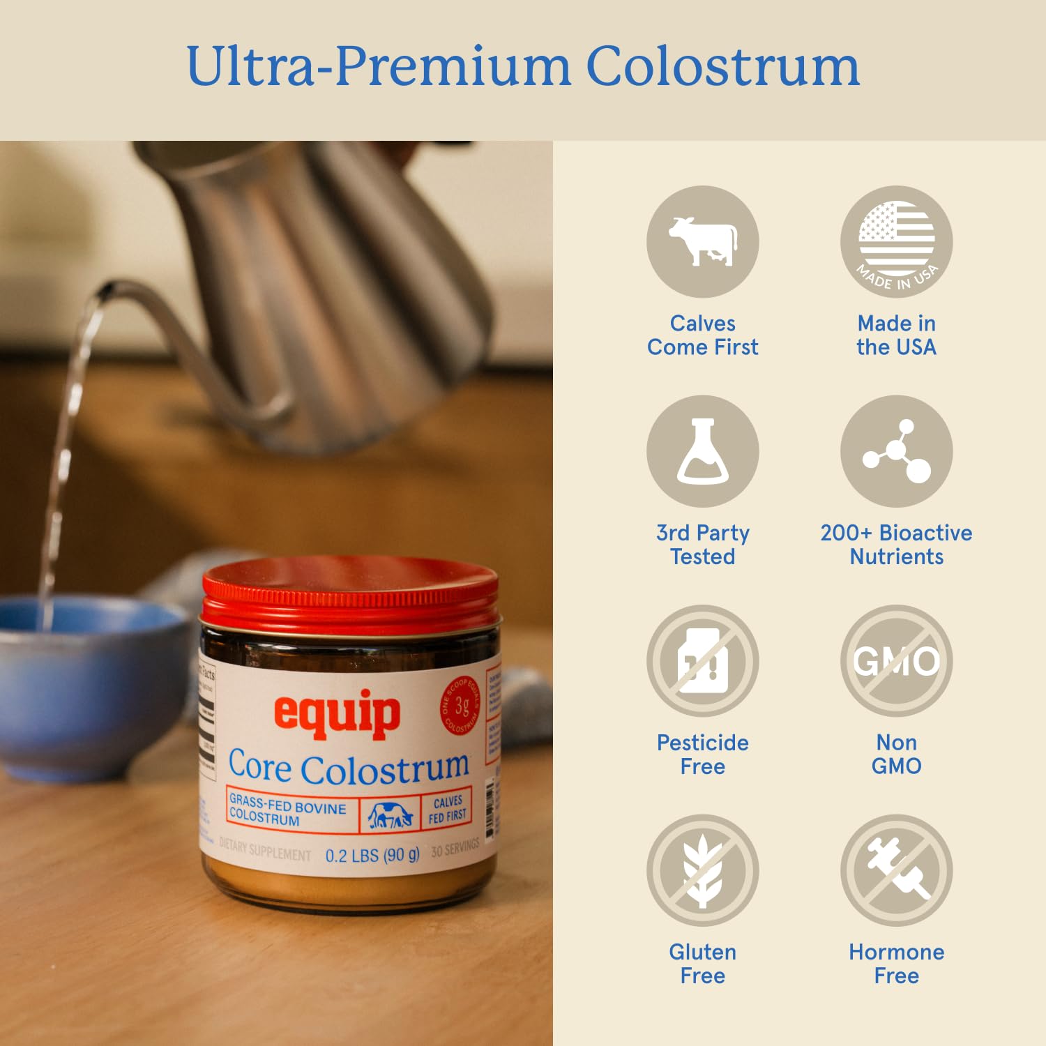 Equip Foods Core Bovine Colostrum Powder - 3,000mg Grass Fed Colostrum Supplement - Gut Health, Immunity, Recovery Lactoferrin Supplements - Keto Friendly Bovine Colostrum, 30 Servings, Unflavored Equip Au supplements