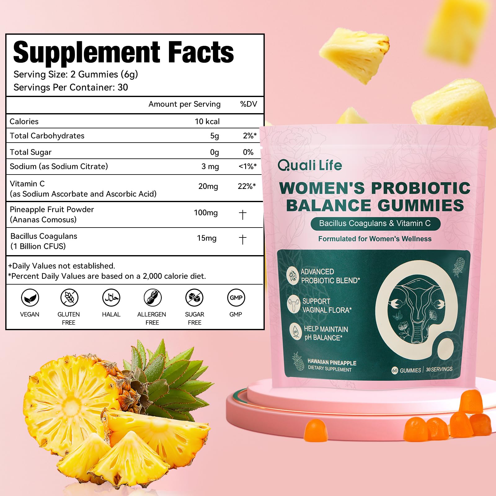 QualiLife Premium Feminine Balance Gummies for Women – Probiotic Vaginal Health Support with Vitamin C – pH Balance & Flora Support – Sugar Free, Vegan, Hawaiian Pineapple Flavor – 60 Gummies (1) QualiLife Au supplements